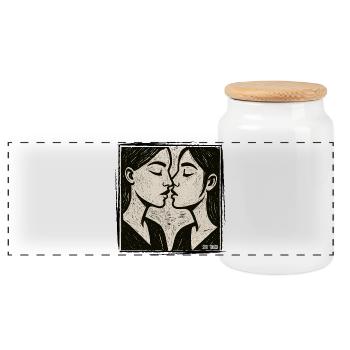 Two Woman Faces Kiss Touch - Panoramic Cookie Jar with Wooden Lid - white - Front