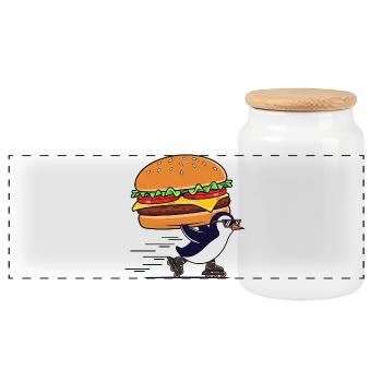 A cute penguin enjoying a cheeseburger. - Panoramic Cookie Jar with Wooden Lid - white - Front