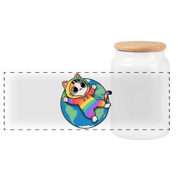 Regenbogenkatze auf dem Planeten Erde - Panorama Keksdose mit Holzdeckel - Weiß - Vorne