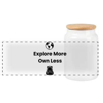 Explore More, Own Less – Adventure Shirt - Panoramic Cookie Jar with Wooden Lid - white - Front