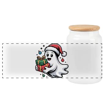 Weihnachtsgeist mit Geschenken - Panorama Keksdose mit Holzdeckel - Weiß - Vorne