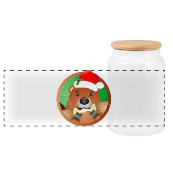 Niedlicher Weihnachtsbiber mit Santa-Mütze - Panorama Keksdose mit Holzdeckel - Weiß - Vorne
