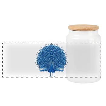 Cobalt Blue Peacock Fan - Panoramic Cookie Jar with Wooden Lid - white - Front