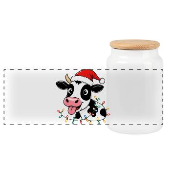 Cow Christmas Funny Cute Farmer Farm - Panoramic Cookie Jar with Wooden Lid - white - Front