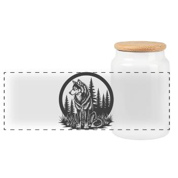 Wolf in the woods in a circular frame - Panoramic Cookie Jar with Wooden Lid - white - Front