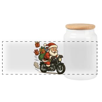 Weihnachtsmann auf Motorrad mit Geschenken - Panorama Keksdose mit Holzdeckel - Weiß - Vorne
