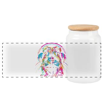 Neon-Meerschweinchen mit Kopfhörer - Panorama Keksdose mit Holzdeckel - Weiß - Vorne