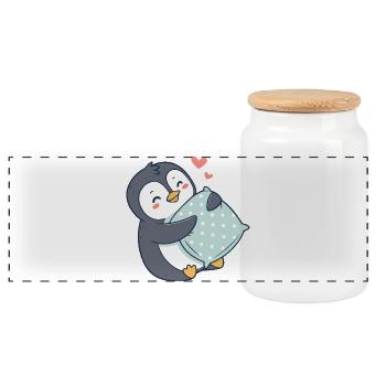 Kuscheliger Pinguin und Polka Dot Kissen - Panorama Keksdose mit Holzdeckel - Weiß - Vorne