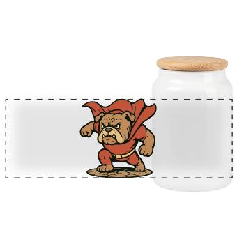 Power Superheld Bulldog Maskottchen mit Cape Art - Panorama Keksdose mit Holzdeckel - Weiß - Vorne