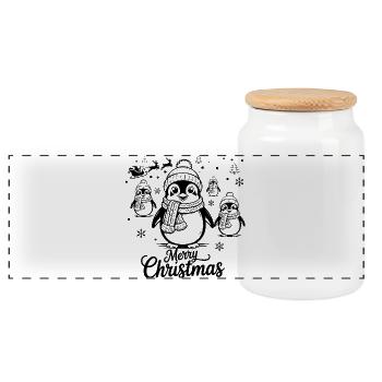Festive Penguin Wishes Merry Christmas - Panoramic Cookie Jar with Wooden Lid - white - Front