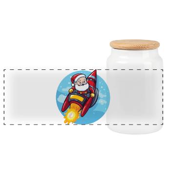 Santa Claus Rocket Comic Christmas - Panoramic Cookie Jar with Wooden Lid - white - Front