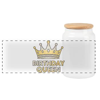 Birthday Queen – Glitter Crown Design - Panoramic Cookie Jar with Wooden Lid - white - Front