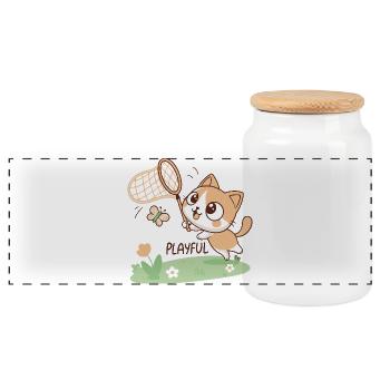 Chaton joueur et papillon - Boîte à biscuits avec couvercle en bois - blanc - Devant