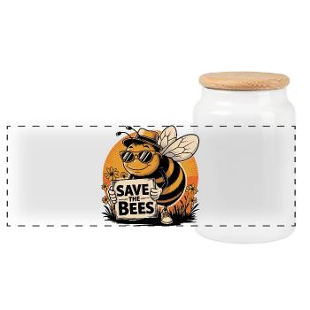 Save The Bees Funny Cartoon Style Bee - Panoramic Cookie Jar with Wooden Lid - white - Front
