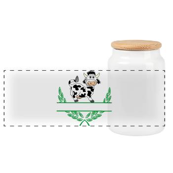 Cow Laurel Wreath with Namespace - Panoramic Cookie Jar with Wooden Lid - white - Front