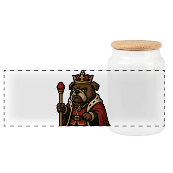 Bulldog King with Crown Scepter Royal Cartoon Art - Panoramic Cookie Jar with Wooden Lid - white - Front