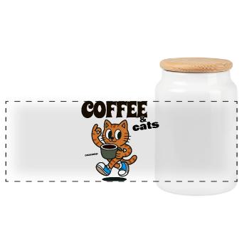 Cat Coffee Lover COFFEE & CATS - Panorama Keksdose mit Holzdeckel - Weiß - Vorne