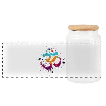 Om Splash Art – Buntes Spirituelles Symbol - Panorama Keksdose mit Holzdeckel - Weiß - Vorne