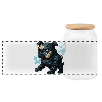 Futuristischer Cyber-Bulldogge in Kampfrüstung - Panorama Keksdose mit Holzdeckel - Weiß - Vorne