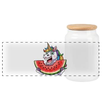 Cute Unicorn with Watermelon Rainbow Summer - Panoramic Cookie Jar with Wooden Lid - white - Front