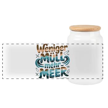 Less Waste More Sea Environmental Awareness Statement - Panoramic Cookie Jar with Wooden Lid - white - Front
