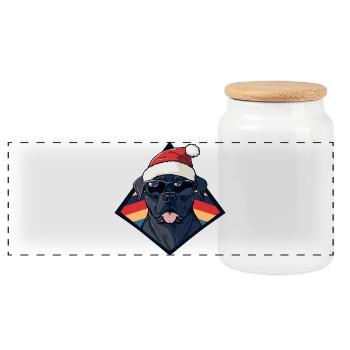 Hund mit Santa Hut und Sonnenbrille - Panorama Keksdose mit Holzdeckel - Weiß - Vorne