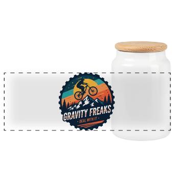 Gravity Freaks MTB Sunset Abzeichen - Panorama Keksdose mit Holzdeckel - Weiß - Vorne