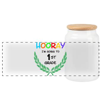 Hurra, ich gehe in die erste Klasse** - Panorama Keksdose mit Holzdeckel - Weiß - Vorne