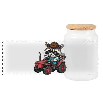 Waschbär Traktor Farmer - Panorama Keksdose mit Holzdeckel - Weiß - Vorne