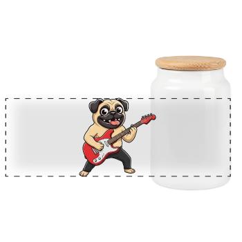 Cute Pug Clown Dog Guitar Musician Cartoon - Panoramic Cookie Jar with Wooden Lid - white - Front