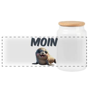 Cute seal with MOIN font - Panoramic Cookie Jar with Wooden Lid - white - Front