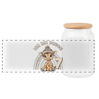 7ème anniversaire Girafe Arc-en-ciel Mignon Mignon - Boîte à biscuits avec couvercle en bois - blanc - Devant