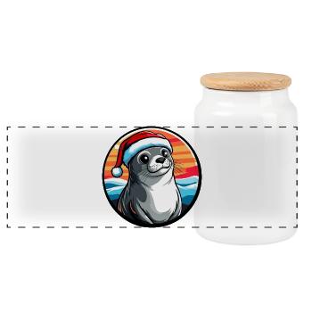 Sea Lion in Winter Santa Hat - Panoramic Cookie Jar with Wooden Lid - white - Front