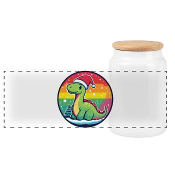 Dino with Christmas Hat Rainbow - Panoramic Cookie Jar with Wooden Lid - white - Front