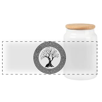 Ancient symbol of the black olive tree - Panoramic Cookie Jar with Wooden Lid - white - Front