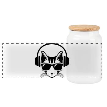 Cat music headphones and sunglasses - Panoramic Cookie Jar with Wooden Lid - white - Front