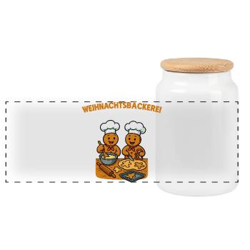 Christmas Bakery Gingerbread Man Cartoon - Panoramic Cookie Jar with Wooden Lid - white - Front