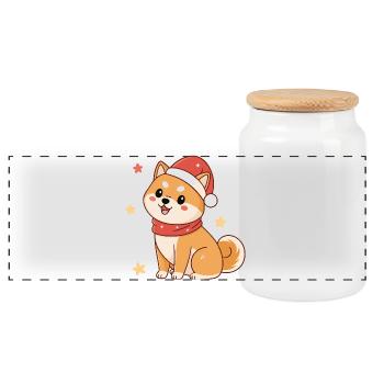 Kawaii Weihnachts-Shiba mit rotem Hut - Panorama Keksdose mit Holzdeckel - Weiß - Vorne