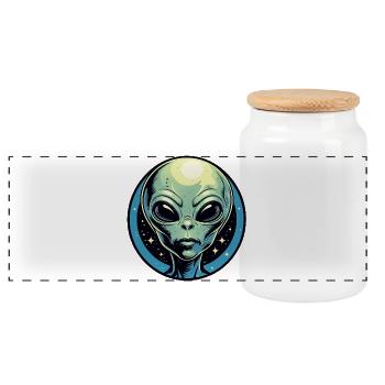 Alien Head in the Cosmic Circle - Panoramic Cookie Jar with Wooden Lid - white - Front