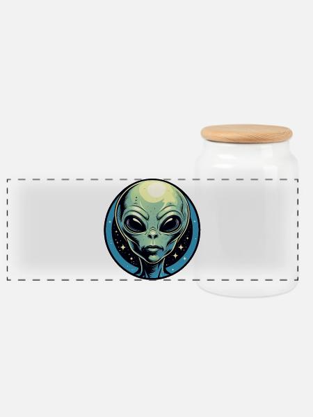 Alien Head in the Cosmic Circle - Panoramic Cookie Jar with Wooden Lid - white