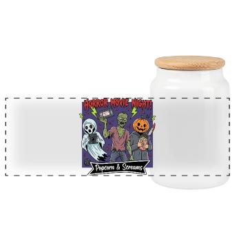 Horror Movie Night: Popcorn & Screams - Panoramic Cookie Jar with Wooden Lid - white - Front