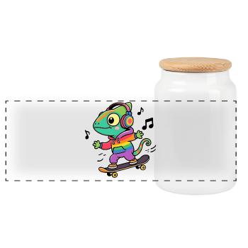 Caméléon Arc en Ciel sur Skate - Boîte à biscuits avec couvercle en bois - blanc - Devant