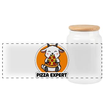 Cute Goat Pizza Expert - Happy Animal Eating Slice - Panoramic Cookie Jar with Wooden Lid - white - Front