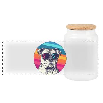 Bouledogue arc-en-ciel avec lunettes de soleil - Boîte à biscuits avec couvercle en bois - blanc - Devant
