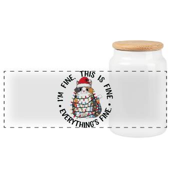 Cat Garland and Christmas Hat - Panoramic Cookie Jar with Wooden Lid - white - Front