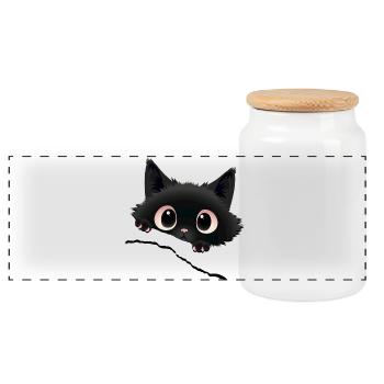 Kawaii black kitten poking out his gaze - Panoramic Cookie Jar with Wooden Lid - white - Front