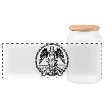 illustration of winged angel with skull - Panoramic Cookie Jar with Wooden Lid - white - Front