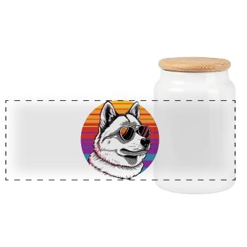 Husky mit Sonnenbrille im Regenbogen - Panorama Keksdose mit Holzdeckel - Weiß - Vorne