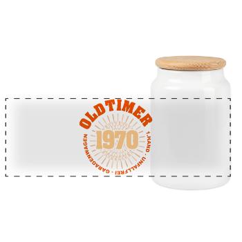 1970 - Panoramic Cookie Jar with Wooden Lid - white - Front