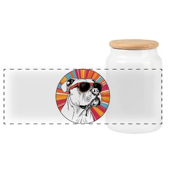Bulldog mit Sonnenbrillen im Neon-Radial - Panorama Keksdose mit Holzdeckel - Weiß - Vorne